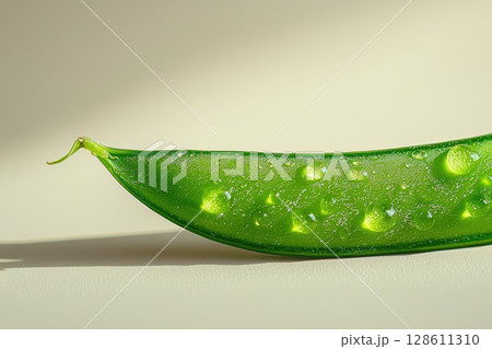 Fresh Green Pea Pod with Water Droplets Fresh Green Pea Pod with Water Droplets 128611310