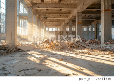 Deserted Construction Site with Collapsed Foundations Deserted Construction Site with Collapsed Foundations 128611336