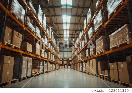A large warehouse with many boxes on the shelves A large warehouse with many boxes on the shelves 128611339