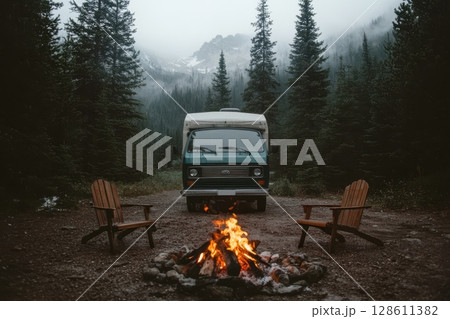 Rugged Camper in Misty Snow-Covered Terrain 128611382
