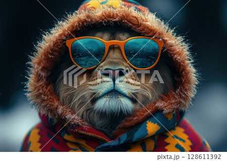 Playful Lion in Stylish Sunglasses and Hoodie 128611392