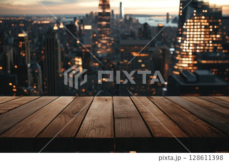 Sleek Wooden Table Overlooking Cityscape at Dusk 128611398