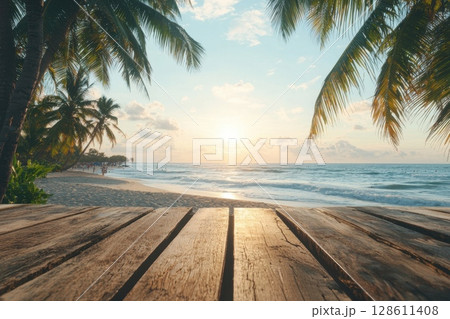 Rustic Wooden Table Against Vibrant Beach Sunset 128611408