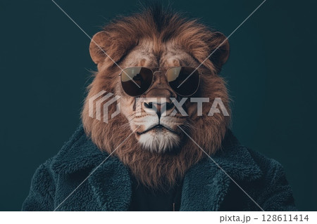 Confident Lion Wearing Sunglasses in Gradient Background Confident Lion Wearing Sunglasses in Gradient Background 128611414