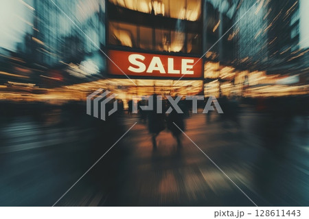 Brightly Lit Storefront with SALE Sign at Dusk 128611443