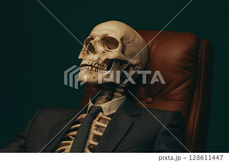 Skeleton in Business Suit Seated in Chair Skeleton in Business Suit Seated in Chair 128611447