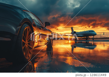 Luxury Car at Sunset with Jet Reflection Luxury Car at Sunset with Jet Reflection 128611449