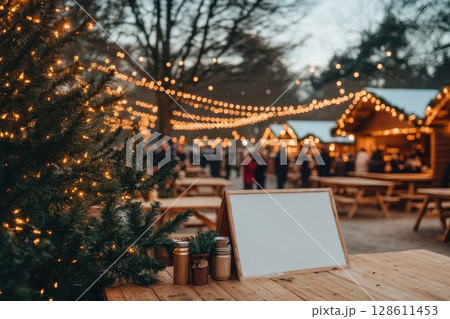 Winter Festival at Outdoor Market with Blank Signage 128611453
