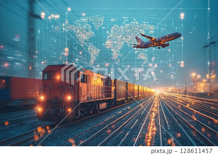 Freight Train with Airplane Overlays at Night Freight Train with Airplane Overlays at Night 128611457