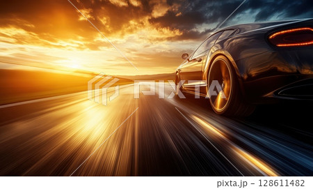 Luxury Car Speeding Down Open Road at Sunset 128611482