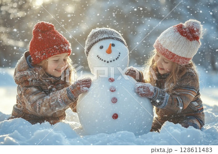 Children Building a Snowman in Winter Wonderland Children Building a Snowman in Winter Wonderland 128611483