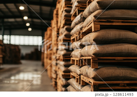 Stacked Bags in a Warehouse Perspective Shot 128611493