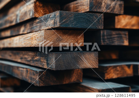 Close-Up View of Stacked Wooden Planks 128611495