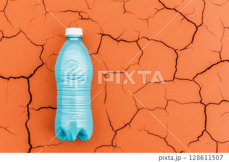 A blue plastic bottle is on a rocky surface 128611507