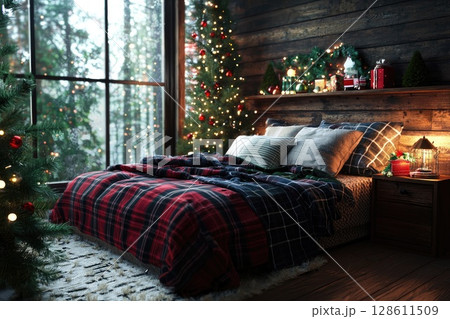 A cozy bedroom with a Christmas tree and a bed with a red and black plaid comforter 128611509