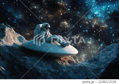 Astronaut Relaxing in a UFO Among a Starry Background 128611526