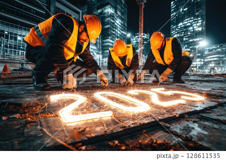 Workers in Hard Hats and Vests at Construction Site and a large sign displaying 2025 Workers in Hard Hats and Vests at Construction Site and a large sign displaying 2025 128611535