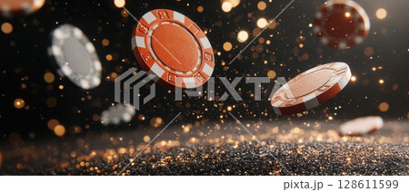 Falling Casino Chips in Glittering Background Falling Casino Chips in Glittering Background 128611599