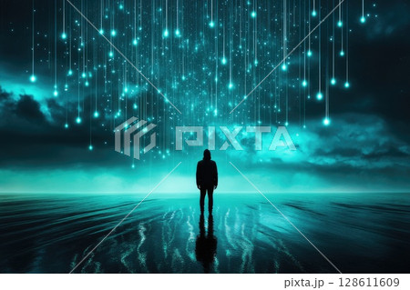 A man stands on a beach in the middle of the ocean with stars 128611609