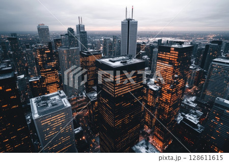 A city skyline with many tall buildings and a snowy landscape 128611615