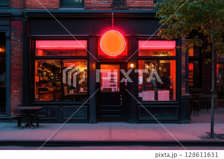 Abandoned Storefront with Neon Sign at Dusk 128611631