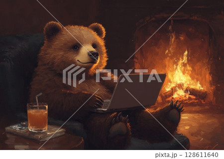 Cozy Bear Cub Relaxing by a Fireplace 128611640