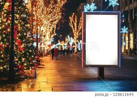 Blank Billboard Surrounded by Christmas Decor Blank Billboard Surrounded by Christmas Decor 128611645