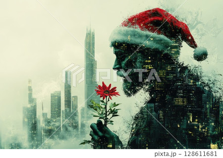 Creative Double Exposure Style Blending Santa Claus with Urban Background 128611681