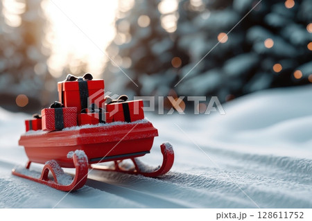 A red sled with a pile of presents on it A red sled with a pile of presents on it 128611752
