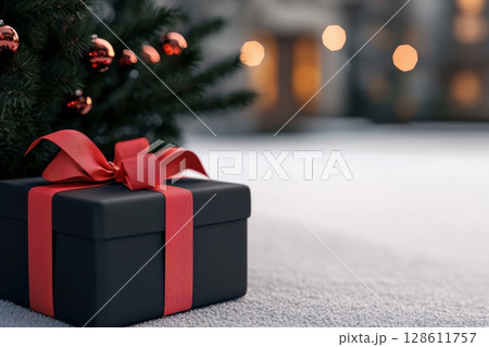 A black box with a red ribbon on it 128611757