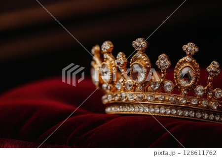 A gold and crystal crown is on a red velvet cushion 128611762
