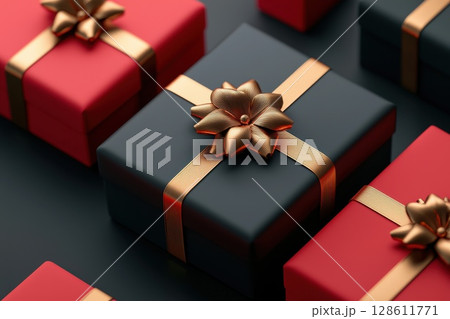 A black box with a gold bow on top of it A black box with a gold bow on top of it 128611771