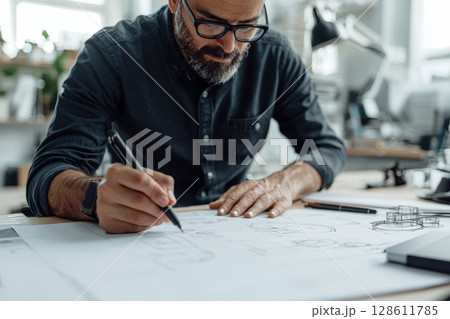 A man is writing on a piece of paper with a pen 128611785