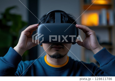 A man wearing a blue shirt and yellow shirt is holding a virtual reality headset A man wearing a blue shirt and yellow shirt is holding a virtual reality headset 128611786