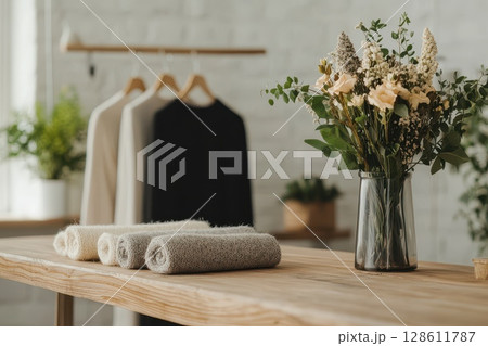 A table with a vase of flowers and a rack of clothes 128611787