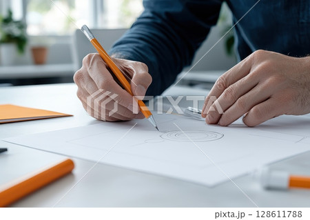A man is drawing on a piece of paper with a pencil A man is drawing on a piece of paper with a pencil 128611788