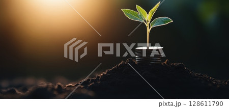 A plant is growing on top of a pile of coins A plant is growing on top of a pile of coins 128611790