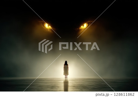 A woman stands in front of a large, glowing eye, dark and eerie, danger and fear A woman stands in front of a large, glowing eye, dark and eerie, danger and fear 128611862