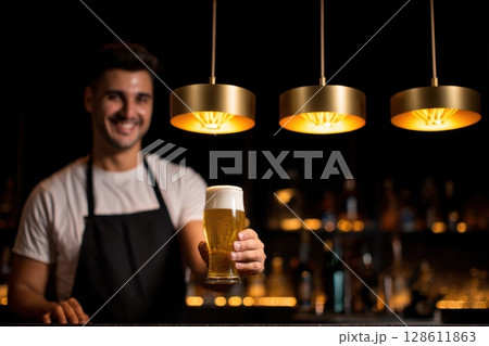 A man is holding a glass of beer in front of a bar 128611863
