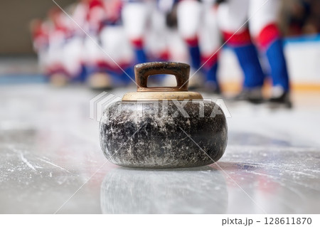 Curling Stone Gliding on Ice with Reflections and Sweeping Players in the Background 128611870
