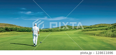 Golfer Swinging on Lush Green Fairway Under Blue Sky 128611896