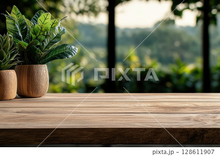 Textured Wooden Tabletop with Potted Plants Background Textured Wooden Tabletop with Potted Plants Background 128611907
