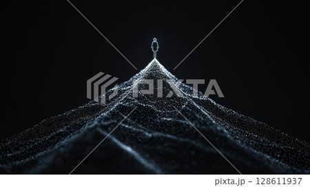 Isolated Figure on Futuristic Landscape in Dark Background 128611937