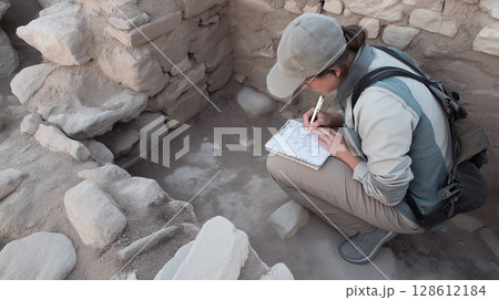 Archaeologist excavation ancient ruins research notes fieldwork discovery documentation study 128612184