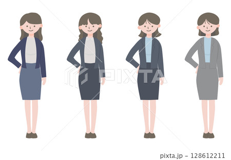 オフィスで働く女性 – ビジネスウェアのシンプルイラスト 128612211