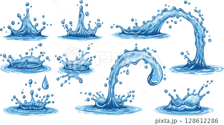 Abstract blue background with seamless water drops and floral wave patterns 128612286