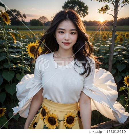 黄昏て、 ひまわり畑の笑顔!! 黄昏て、 ひまわり畑の笑顔!! 128612410