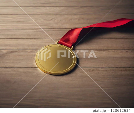 Gold Medal with Red Ribbon Placed on Wooden Table Representing Victory, Honor, and Achievement 128612634
