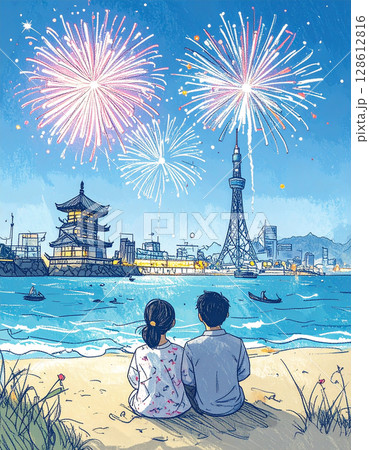 兄妹ふたりで見上げる花火 128612816