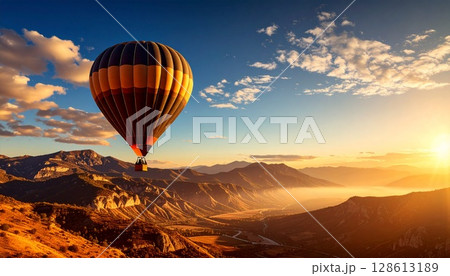 朝焼けに染まる空に浮かぶ気球 128613189